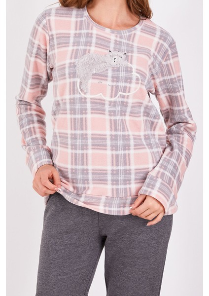 Ekoseli Pudra Kadın Uzun Kol Pijama Takım modelleri