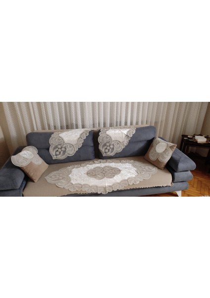 Fransız Güpürlü Kadife 5 Parça Salon Sehpa Takımı