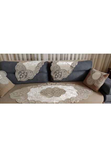 Fransız Güpürlü Kadife 5 Parça Salon Sehpa Takımı modelleri