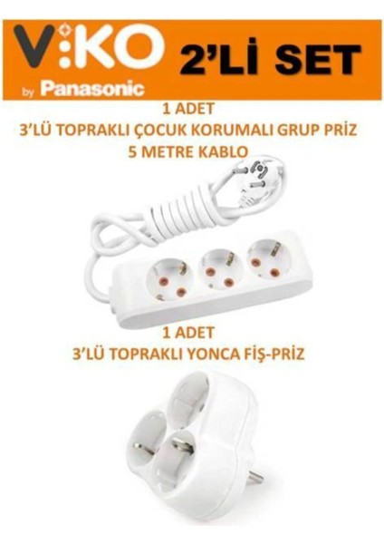 Beyaz Set Multi-Let 3'lü Topraklı Çocuk Korumalı Grup Priz 5 Metre Kablo & 3'lü Yonca Fiş-Priz