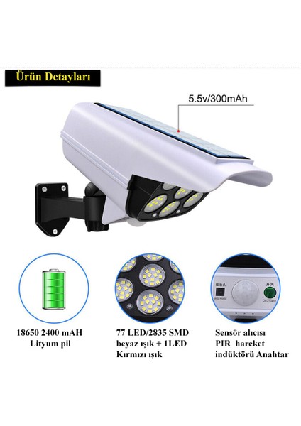 Sensörlü Solar 77 LED Hırsız Caydırıcı Sahte Kamera Lamba