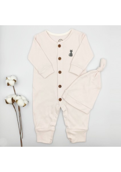 Fitilli Şapkalı Açık Pembe Kız Bebek Tulumu %100 Cotton