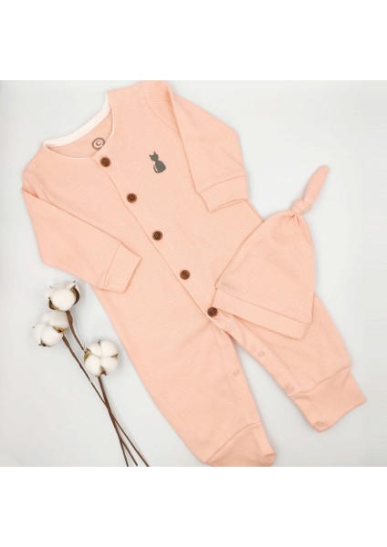 Fitilli Şapkalı Somon Kız Bebek Tulumu %100 Cotton