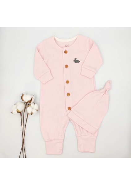 Fitilli Şapkalı Pembe Kız Bebek Tulumu %100 Cotton