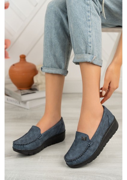 Dolgu Taban Ped Lacivert Kot Kadın Ayakkabı