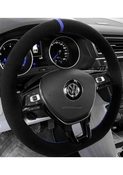 Yeni Vw Caddy 2021+ Dikmeli Direksiyon Kılıfı Alkantra Mavi Yüzük