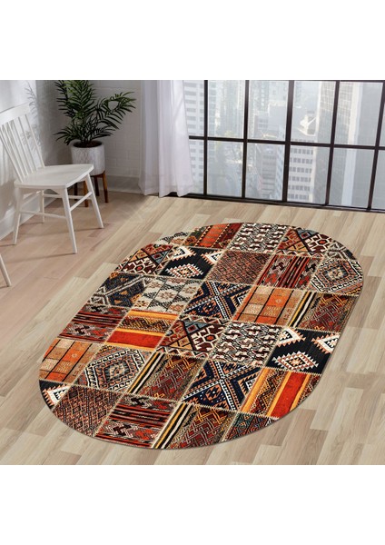 K1300 Patchwork Saçaksız Dijital Oval Halı Kaymaz Yıkanabilir Mutfak Antre Salon Halısı