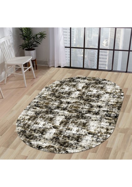 K1310 Black Saçaksız Dijital Oval Halı Kaymaz Yıkanabilir Mutfak Antre Salon Halısı