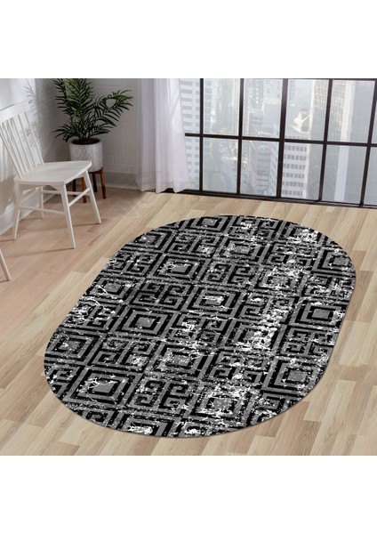 K1320 Siyah Saçaksız Dijital Oval Halı Kaymaz Yıkanabilir Mutfak Antre Salon Halısı
