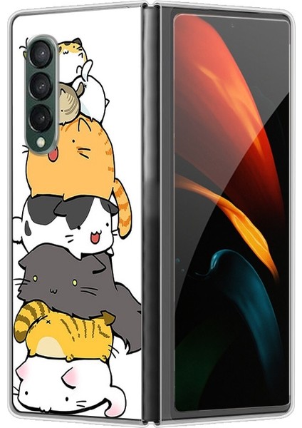 Samsung Galaxy Z Fold 4 Boyalı Karikatür Istifleme Kedi Sert Pc Koruma Telefon Kılıfı Kapağı