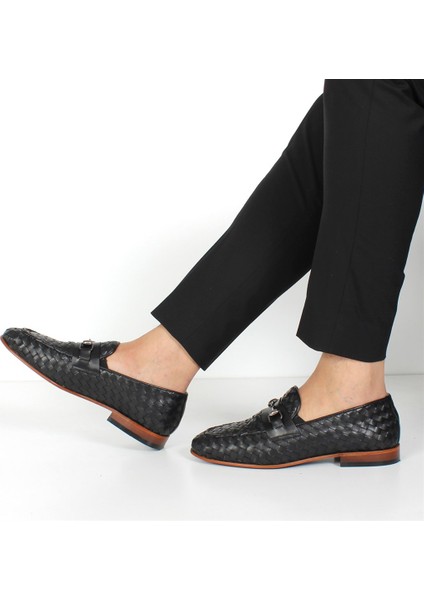Erkek Siyah Kösele Taban Örgü Deri Loafer
