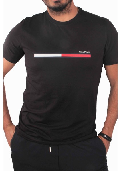 Erkek Likralı Kaliteli Kumaş Baskılı Bisiklet Yaka Siyah T-Shırt