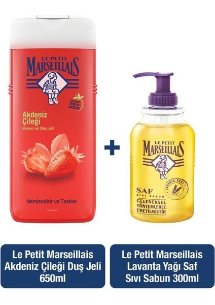 Akdeniz Çileği Duş Jeli 650 ml + Lavanta Yağı Saf Sıvı Sabun 300 ml