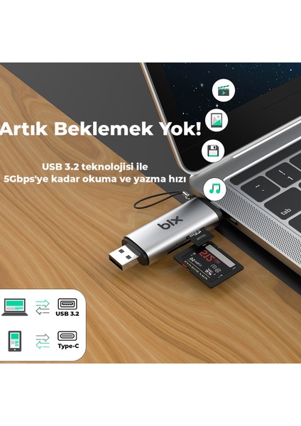 ADP-11 Type-C ve USB 3.2 SD ve Micro SD OTG Hafıza Kartı Okuyucu