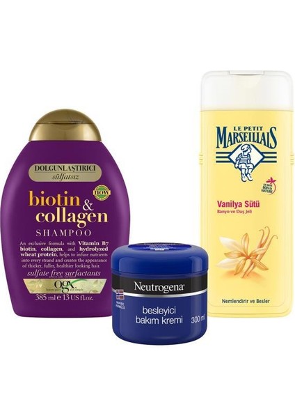 Dolgunlaştırıcı Biotin & Collagen Şampuan 385 ml + LPM Vanilya Sütü Duş Jeli 400 ml + Neutrogena Besleyici Bakım Kremi 300 ml Hediyeli fiyatları