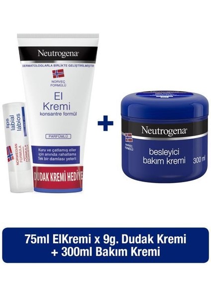 Norveç Formülü Besleyici Bakım Kremi 300 ml + Parfümlü El Kremi 75 ml + Dudak Kremi