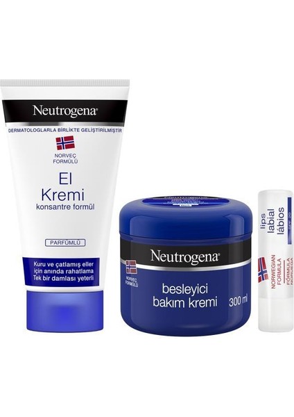 Norveç Formülü Besleyici Bakım Kremi 300 ml + Parfümlü El Kremi 75 ml + Dudak Kremi fiyatları