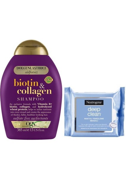 Dolgunlaştırıcı Biotin & Collagen Şampuan 385 ml + Neutrogena Deep Clean Mendil