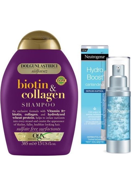 Dolgunlaştırıcı Sülfatsiz Şampuan Biotin Kolajen 0.385 lt + Neutrogena Hydro Boost Canlandırıcı Serum Kapsül 30 Ml Hediyeli