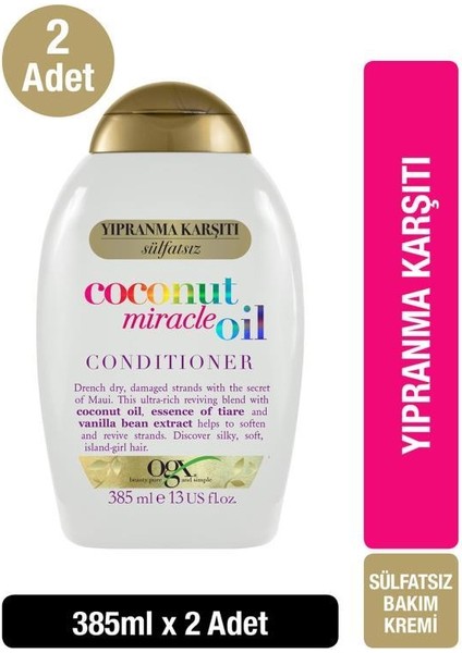 Yıpranma Karşıtı Coconut Miracle Oil Sülfatsız Saç Bakım Kremi 385 ml X2