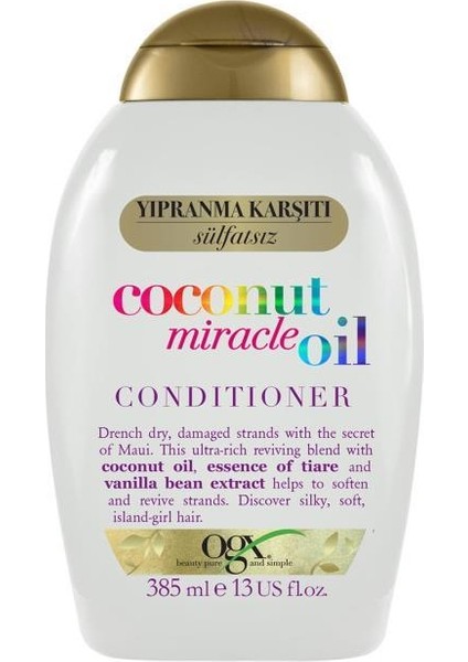 Yıpranma Karşıtı Coconut Miracle Oil Sülfatsız Saç Bakım Kremi 385 ml X2