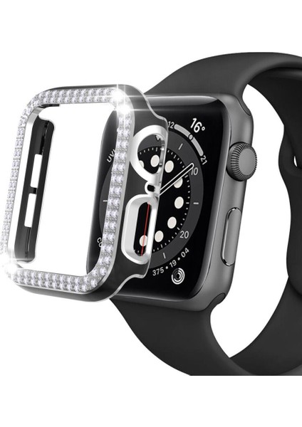 Apple Watch 5 6 44MM Uyumlu Çift Sıra Parlak Taşlı Rubber Kasa Kapak