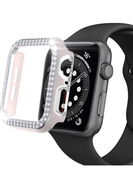 Apple Watch 5 6 44MM Uyumlu Çift Sıra Parlak Taşlı Rubber Kasa Kapak