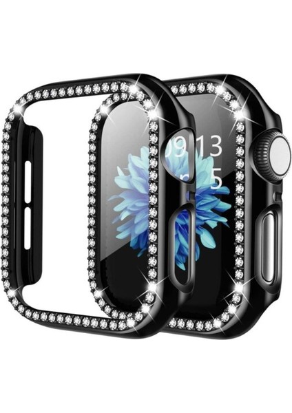 Apple Watch 7 45MM Uyumlu Tek Sıra Parlak Taşlı Rubber Kasa Kapak