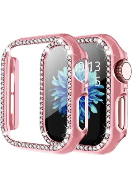Apple Watch 7 45MM Uyumlu Tek Sıra Parlak Taşlı Rubber Kasa Kapak