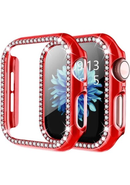 Apple Watch 5 6 44MM Uyumlu Tek Sıra Parlak Taşlı Rubber Kasa Kapak