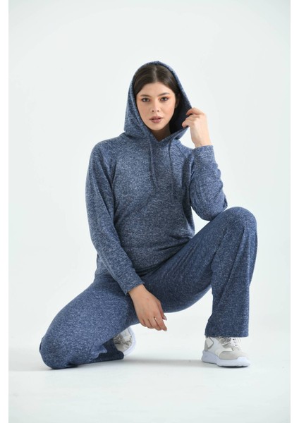 Lacivert Yumoş Örme Kapüşonlu Pijama Takımı