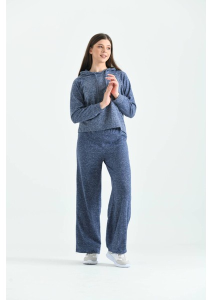 Lacivert Yumoş Örme Kapüşonlu Pijama Takımı