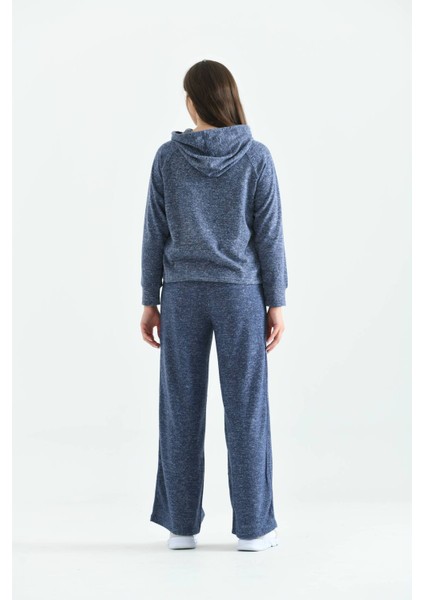 Lacivert Yumoş Örme Kapüşonlu Pijama Takımı