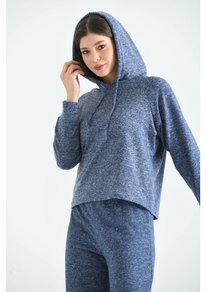Lacivert Yumoş Örme Kapüşonlu Pijama Takımı