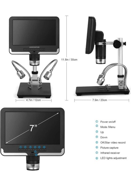 Siyah 7 Inç LCD 1080P Devre Dijital Mikroskop AD206