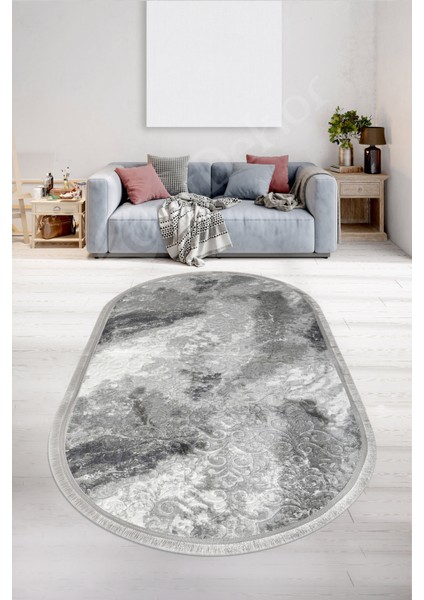 Delüxe Antrasit Saçaklı Deri Taban Oval Halı Yeni Kabartmalı Model Salon Halısı