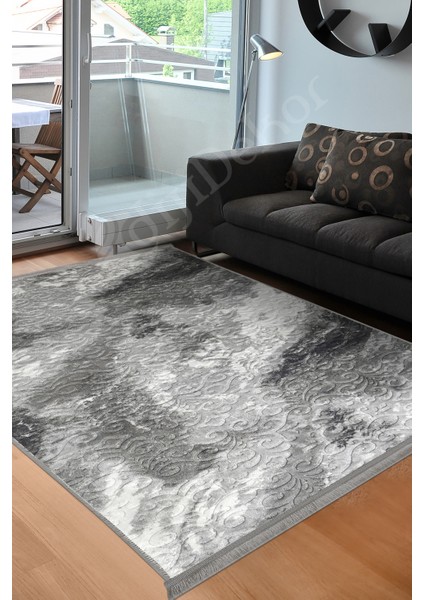 Delüxe Antrasit Saçaklı Deri Taban Yeni Kabartmalı Model Salon Halısı