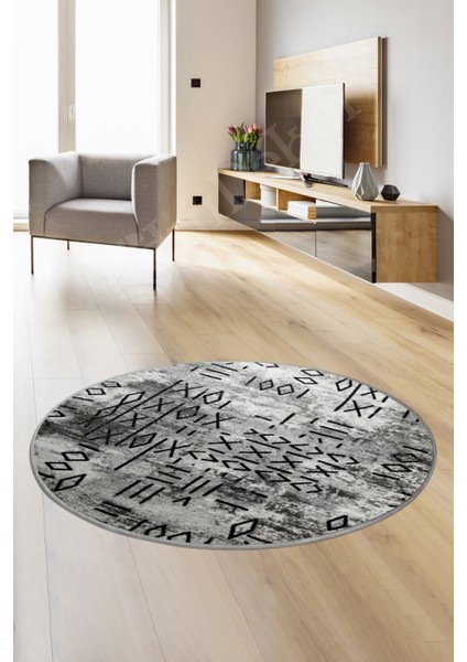 Delüxe Iskandinav Gri Saçaksız Deri Taban Yuvarlak Halı Yeni Model Salon Halısı