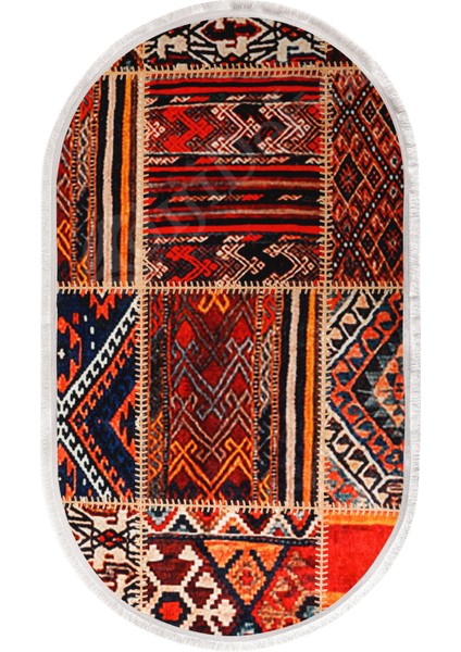 K1300 Patchwork Saçaklı Dijital Oval Halı Kaymaz Yıkanabilir Oda Mutfak Antre Salon Halısı
