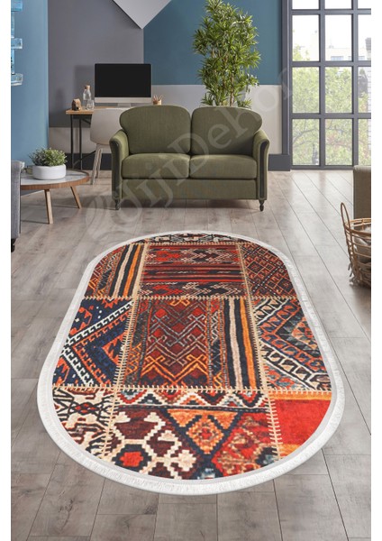 Dijidekor K1300 Patchwork Saçaklı Dijital Oval Halı Kaymaz Yıkanabilir Oda Mutfak Antre Salon Halısı