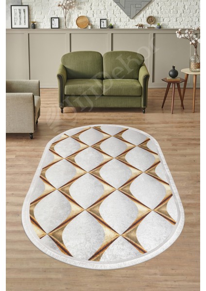 KY7059 Gold Saçaklı Dijital Oval Halı Kaymaz Yıkanabilir Oda Mutfak Antre Salon Halısı