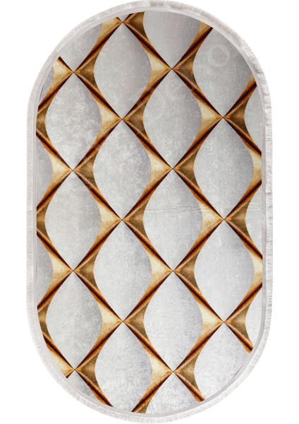 KY7059 Gold Saçaklı Dijital Oval Halı Kaymaz Yıkanabilir Oda Mutfak Antre Salon Halısı