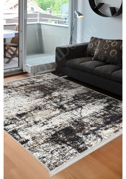 K1310 Black Saçaklı Dijital Halı Kaymaz Yıkanabilir Oda Mutfak Koridor Salon Halısı
