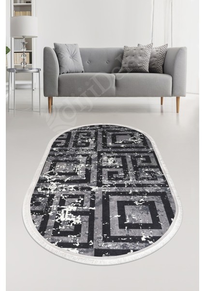 K1320 Siyah Saçaklı Dijital Oval Halı Kaymaz Yıkanabilir Oda Mutfak Antre Salon Halısı