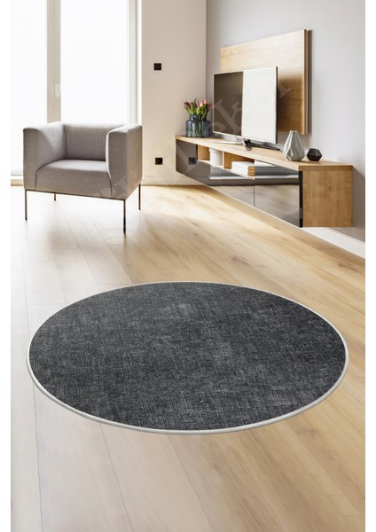 K1290 Antrasit Saçaksız Dijital Yuvarlak Halı Kaymaz Yıkanabilir Mutfak Salon Halısı