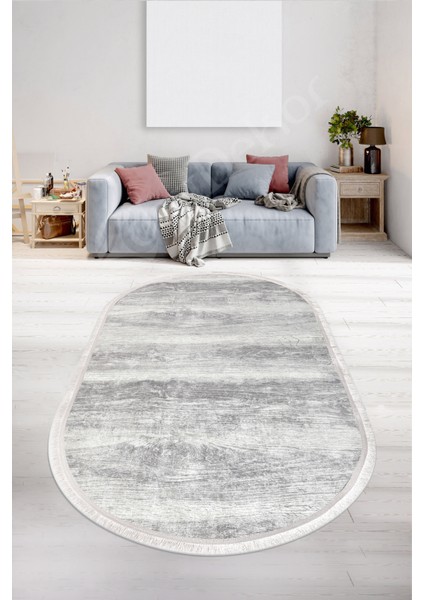 KY7056 Gri Saçaklı Dijital Oval Halı Kaymaz Yıkanabilir Oda Mutfak Antre Salon Halısı