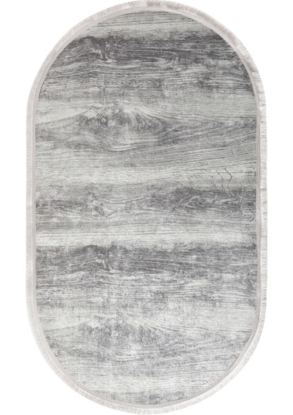 KY7056 Gri Saçaklı Dijital Oval Halı Kaymaz Yıkanabilir Oda Mutfak Antre Salon Halısı