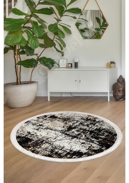 K1310 Black Saçaklı Dijital Yuvarlak Halı Kaymaz Yıkanabilir Mutfak Antre Salon Halısı