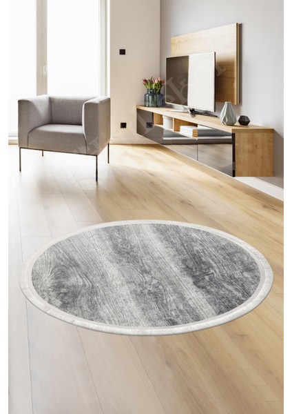 KY7056 Gri Saçaklı Dijital Yuvarlak Halı Kaymaz Yıkanabilir Mutfak Antre Salon Halısı