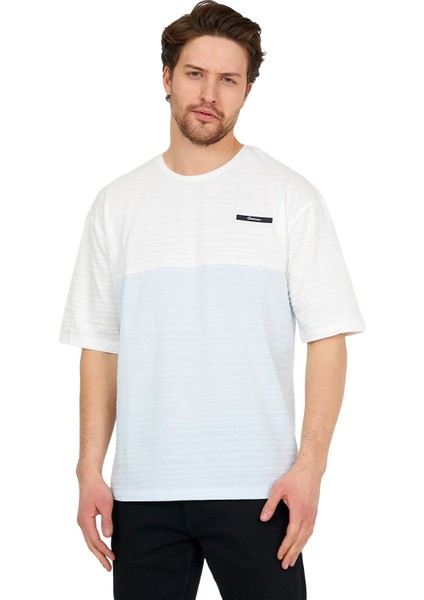Oversize Beyaz/mavi Erkek Jakarlı Bisiklet Yaka Kısa Kollu T-Shirt